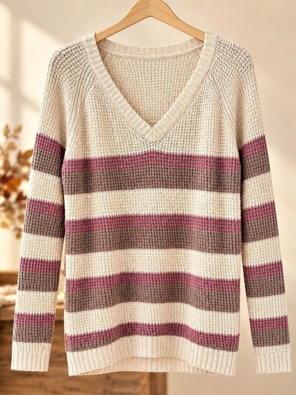 Maurices Striped V-Neck Sweater in Cream & Purple Size Small